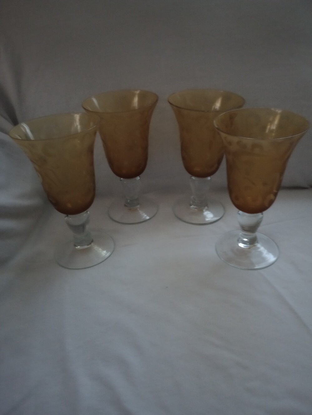 Michael Weems Elise Hand Blown Amber Floral Design Etched Goblets - Set of 4